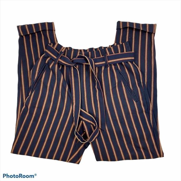 Zara Striped Navy Paper Bag Trousers with Belt XS - Picture 3 of 15